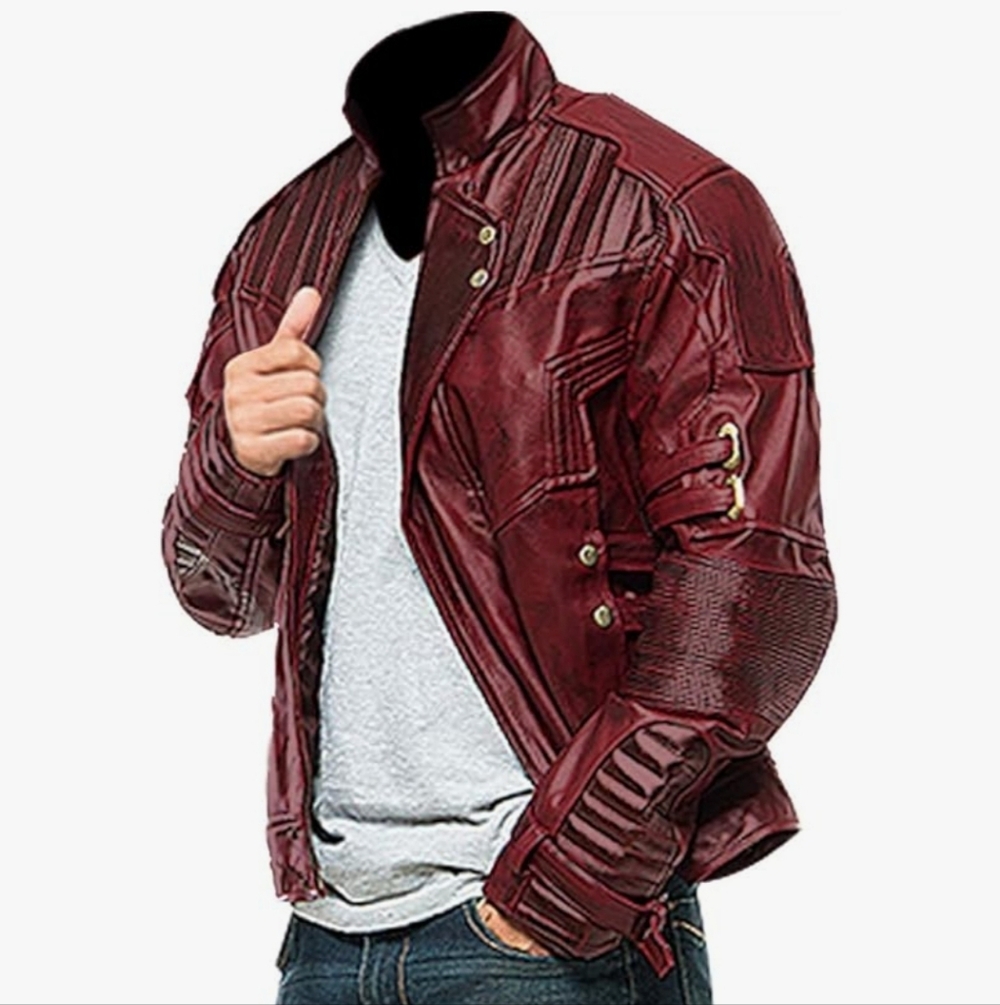 Men's Guardians of Star Quill Superhero Maroon Cosplay Real Leather Jacket